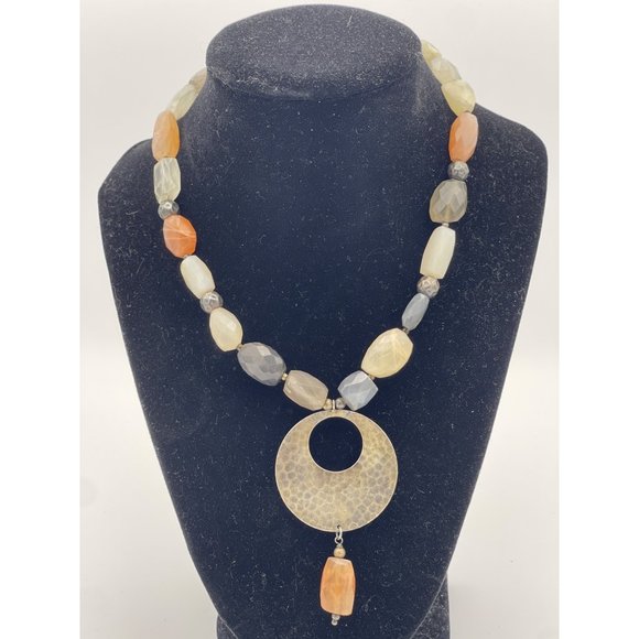 Peach and Gray Stone Necklace with Round Hammered Metal Pendant - Picture 3 of 5